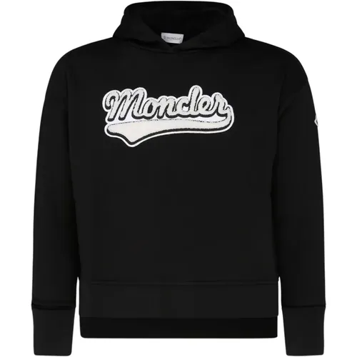 Schwarzer Baumwoll-Logo-Patch-Hoodie - Moncler - Modalova