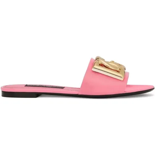 Logo-Plaque Leather Slides , female, Sizes: 4 1/2 UK - Dolce & Gabbana - Modalova