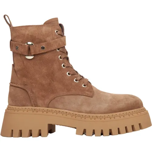 Damen Braune Ankle Boots aus echtem Veloursleder mit dekorativem Riemen , Damen, Größe: 39 EU - Estro - Modalova