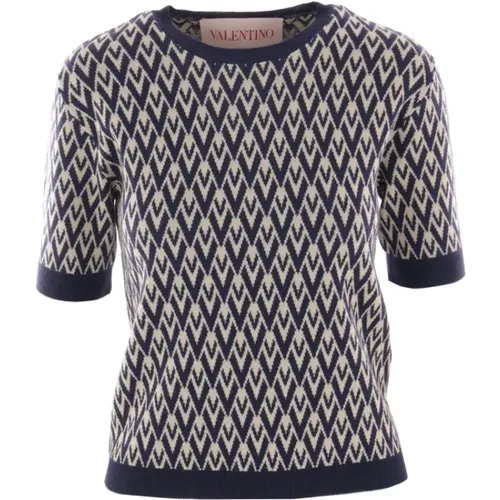 Blue and Ivory Jacquard Sweater , female, Sizes: M, XS, S - Valentino Garavani - Modalova