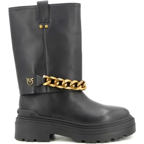 Leather Biker Boots with Chain Detail , female, Sizes: 6 UK, 7 UK, 5 UK, 4 UK, 8 UK, 3 UK - pinko - Modalova