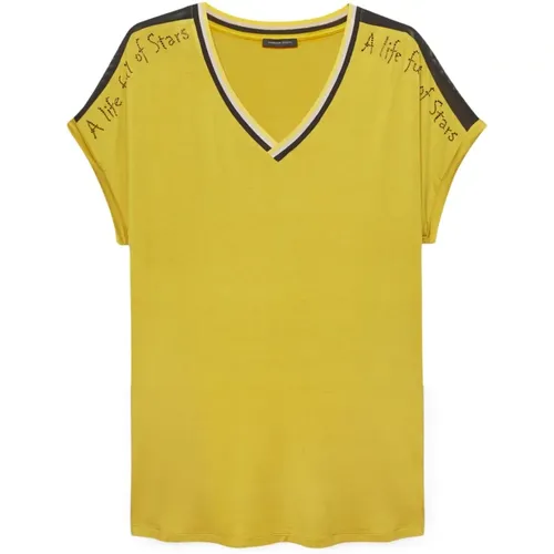 Gestreiftes V-Ausschnitt T-Shirt mit Applikationen , Damen, Größe: S - Fiorella Rubino - Modalova
