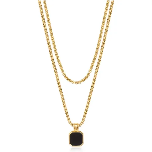 Gold Necklace Layer with 3mm Box Chain and Onyx Square Necklace , male, Sizes: ONE SIZE - Nialaya - Modalova