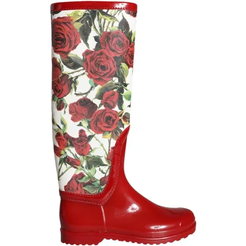 Rote Blumen Gummikniehohe Stiefel - Dolce & Gabbana - Modalova