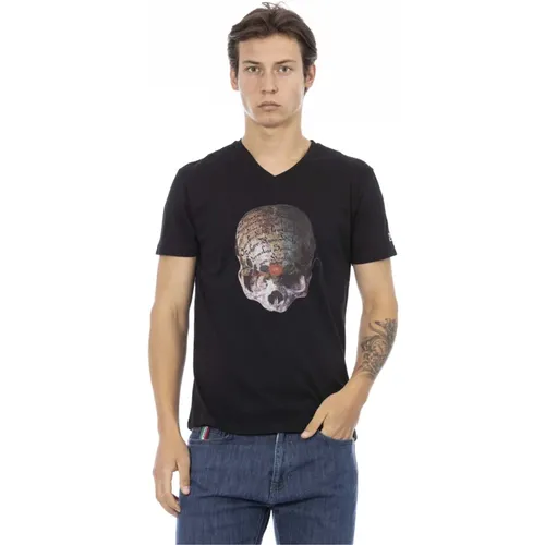 Kurzarm V-Ausschnitt T-Shirt,Casual V-Ausschnitt T-Shirt mit Frontdruck - Trussardi - Modalova