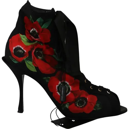 Schwarze Rote Rosen Knöchelstiefel Schuhe , Damen, Größe: 39 1/2 EU - Dolce & Gabbana - Modalova