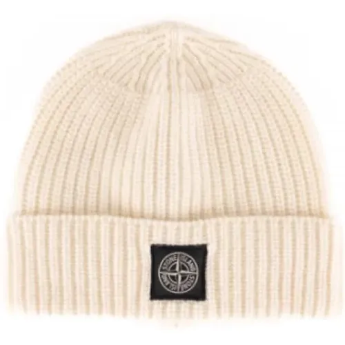 Ribbed Wool Beanie Natural White , male, Sizes: ONE SIZE - Stone Island - Modalova