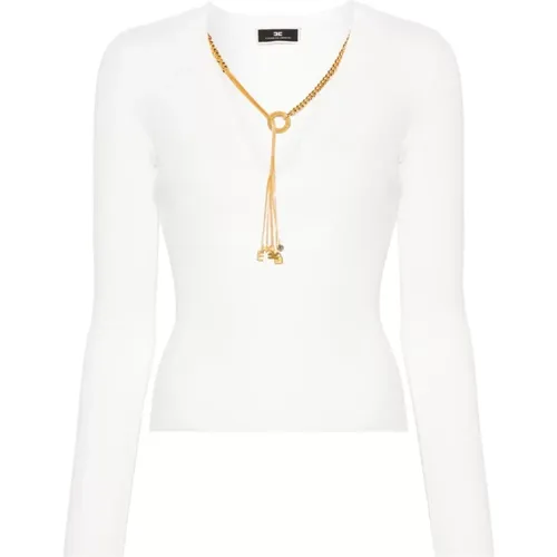 Sweater with V-neck and Gold Chain , female, Sizes: L - Elisabetta Franchi - Modalova