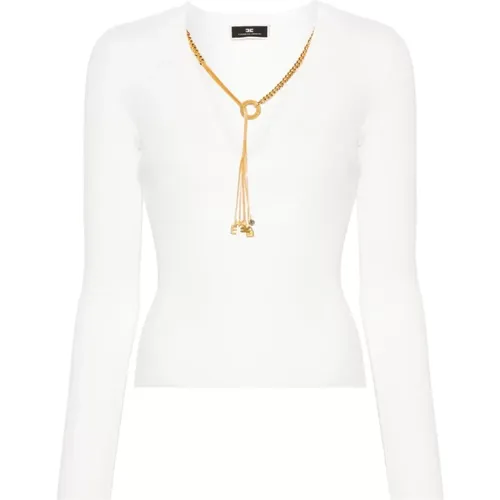 Sweater with V-neck and Gold Chain , female, Sizes: M, L - Elisabetta Franchi - Modalova