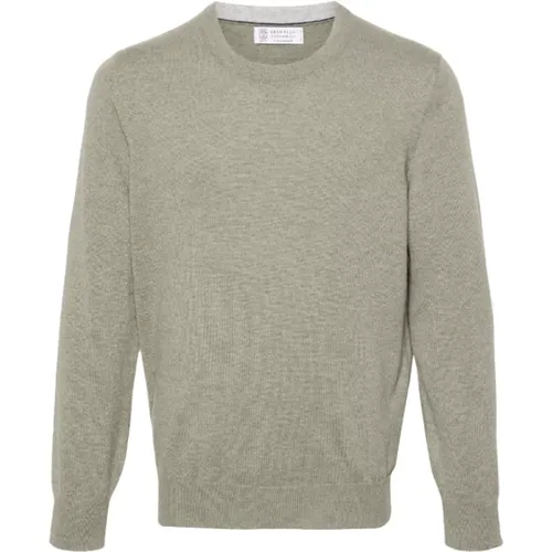 Olivgrüner Cashmere Rundhalspullover - BRUNELLO CUCINELLI - Modalova