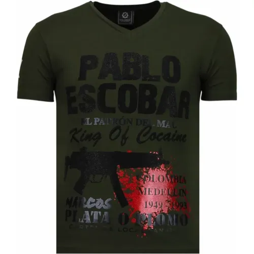 Pablo Escobar Narcos Rhinestone - Herren T-Shirt - 5782G , Herren, Größe: L - Local Fanatic - Modalova