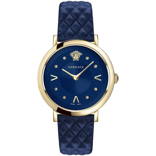 Schicke Blaue Leder Gold Stahl Uhr - Versace - Modalova
