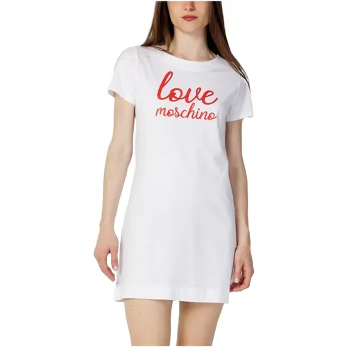 Weißes Print Kleid Kurze Ärmel , Damen, Größe: 2XS - Love Moschino - Modalova