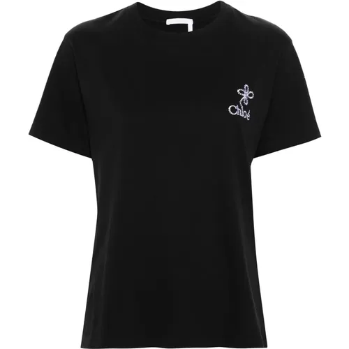 T-Shirt mit Logo-Stickerei , Damen, Größe: M - Chloé - Modalova