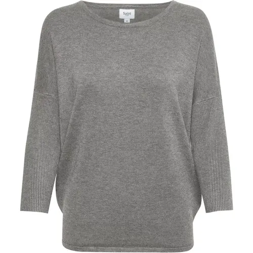 R-Neck Pullover Strick Grey Melange , Damen, Größe: XS - Saint Tropez - Modalova