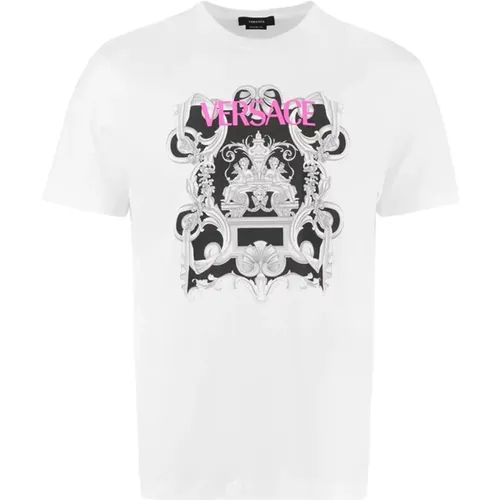 Baumwollbedrucktes T-Shirt mit Logodetail - Versace - Modalova