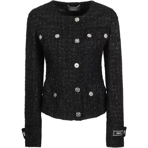 Schwarze Vichy Leichte Tonal Lurex Tweed Jacke - Versace - Modalova