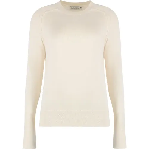 Gerippter Crew-Neck Wollpullover , Damen, Größe: L - Calvin Klein - Modalova