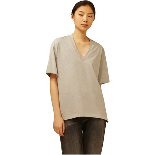 Cotton Knit T-Shirt with V-Neck , female, Sizes: M - Semicouture - Modalova