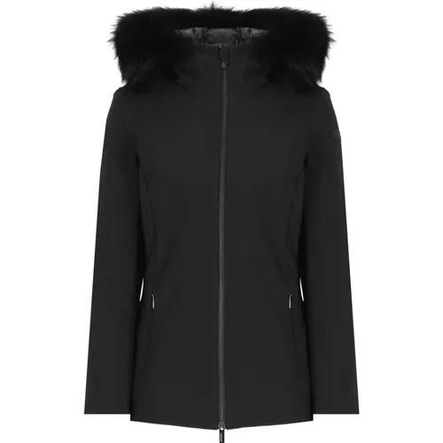 Schwarze Gesteppte Jacke mit Pelzkapuze , Damen, Größe: M - RRD - Modalova