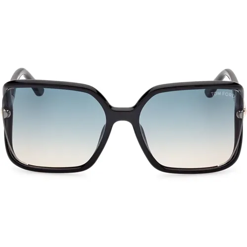 Quadratische Sonnenbrille für Damen mit glänzend schwarzem Rahmen und blau getönten Gläsern - Tom Ford - Modalova