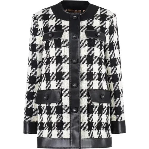 Houndstooth Wool Coat with Leather Details , female, Sizes: L - Dolce & Gabbana - Modalova