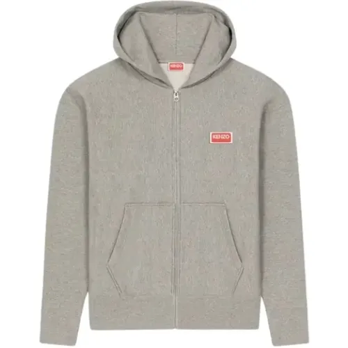 Grey Hooded Zip Sweater with Logo , male, Sizes: L, M, XL - Kenzo - Modalova