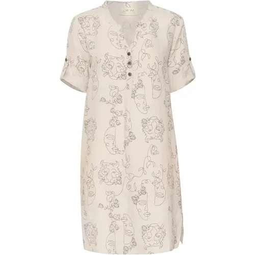 Face Print Caftan Kurzes Kleid , Damen, Größe: S - Cream - Modalova