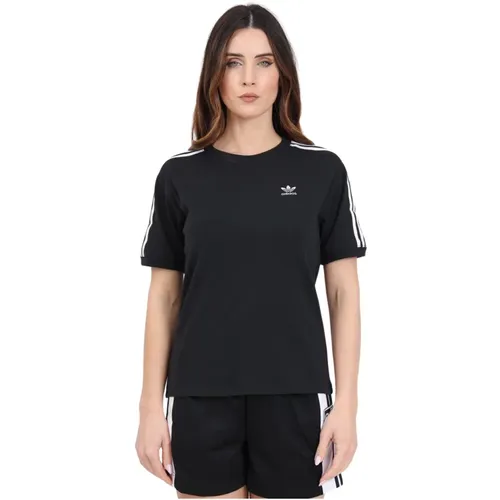 Schwarzes 3 Streifen Geripptes T-Shirt , Damen, Größe: M - adidas Originals - Modalova