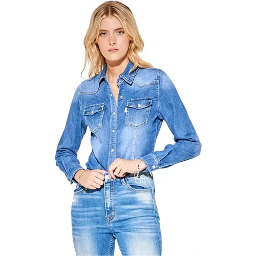 Denim Langarmhemd mit Knopfverschluss , Damen, Größe: XL - MET - Modalova