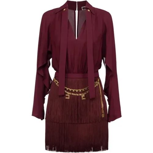 Bordeaux Georgette Shirt Minidress with Fringe , female, Sizes: XL, M, S, XS, L - Elisabetta Franchi - Modalova