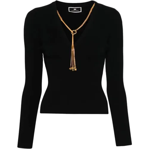 Schwarzes geripptes Langarmshirt mit Halskette , Damen, Größe: L - Elisabetta Franchi - Modalova