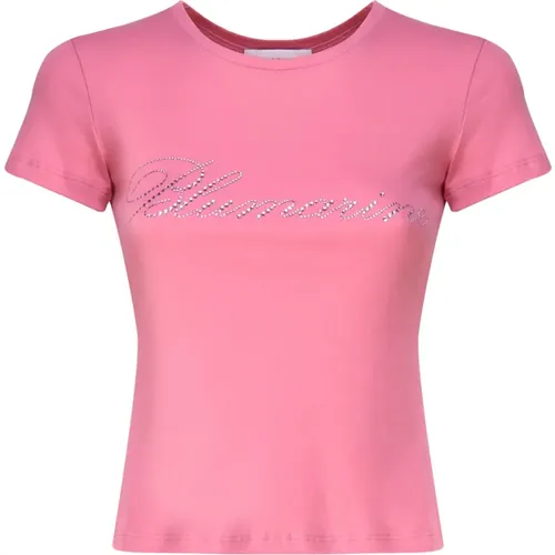 Rosa Rhinestone Logo T-shirts und Polos , Damen, Größe: S - Blumarine - Modalova