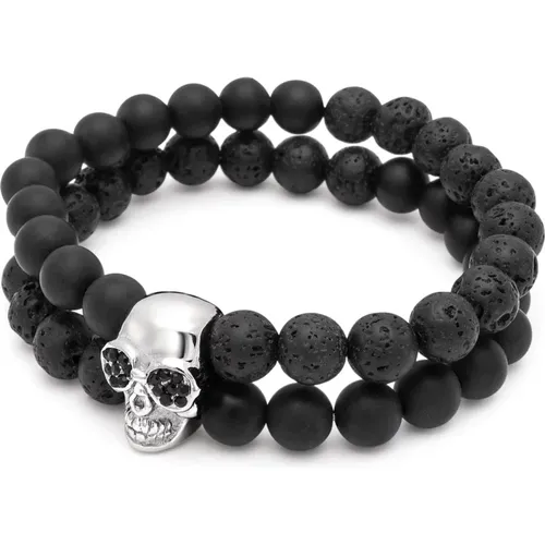 Double Beaded Bracelet with Matte Onyx, Lava Stone and Silver Skull - Nialaya - Modalova