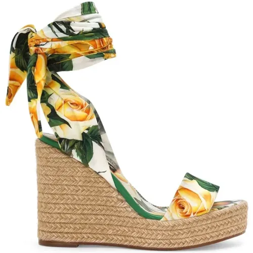 Sandalen mit Blumenmuster und Keilabsatz , Damen, Größe: 38 EU - Dolce & Gabbana - Modalova