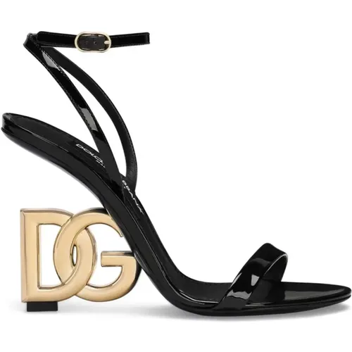 Schwarze Ledersandalen mit Goldabsatz - Dolce & Gabbana - Modalova