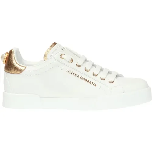 Leather Sneakers with Gold and Logo Applications , female, Sizes: 8 UK - Dolce & Gabbana - Modalova