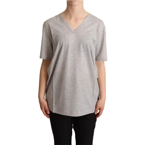 Graues einfarbiges V-Ausschnitt Top T-Shirt , Damen, Größe: 2XS - Dolce & Gabbana - Modalova
