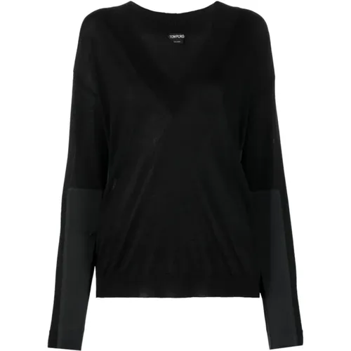 Schwarzer Kaschmir- und Seiden-V-Ausschnitt-Pullover , Damen, Größe: XS - Tom Ford - Modalova