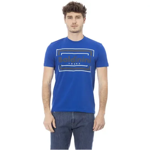 Blaues Baumwoll-Rundhals-T-Shirt mit Frontdruck , Herren, Größe: S - Baldinini - Modalova
