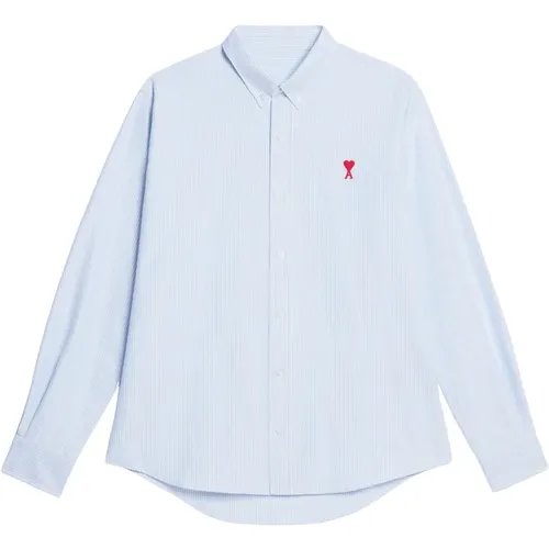 Gestreiftes Hemd mit Knopfkragen Blau Weiß , Herren, Größe: 3XL - Ami Paris - Modalova