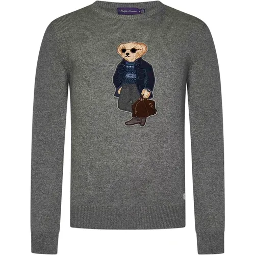 Grey Cashmere Crewneck Sweater with Polo Bear Patch , male, Sizes: L, S, M - Ralph Lauren - Modalova