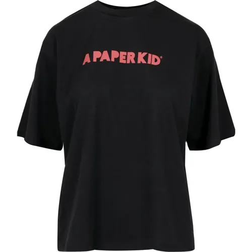 Schwarzes Baumwoll-Logo T-Shirt , Damen, Größe: M - A Paper Kid - Modalova