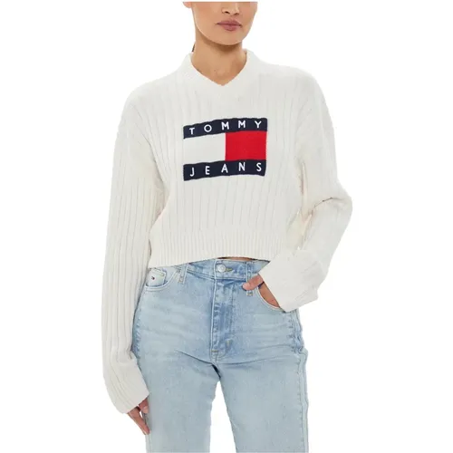 Weißer V-Ausschnitt Strickware mit Muster , Damen, Größe: S - Tommy Hilfiger - Modalova