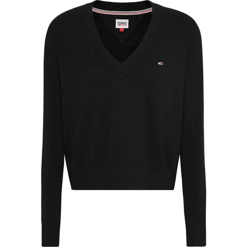 Essential V-Neck Pullover Schwarz , Damen, Größe: M - Tommy Jeans - Modalova