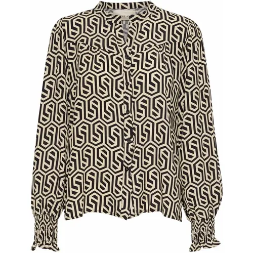 Geometric Print Black Blouse , female, Sizes: S/M - Cream - Modalova