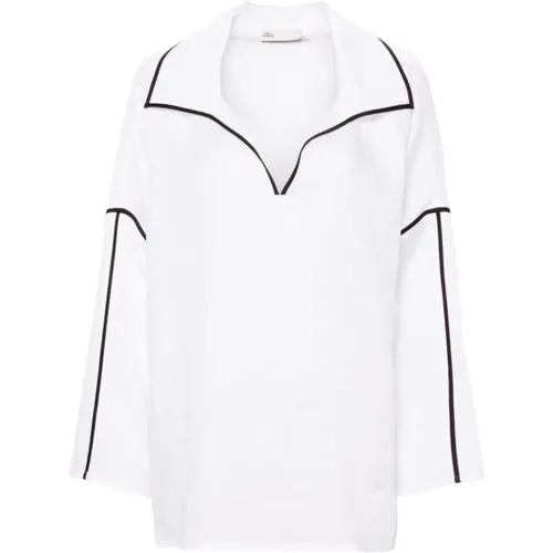 Linen Shirt with Contrasting Trim , female, Sizes: S - TORY BURCH - Modalova
