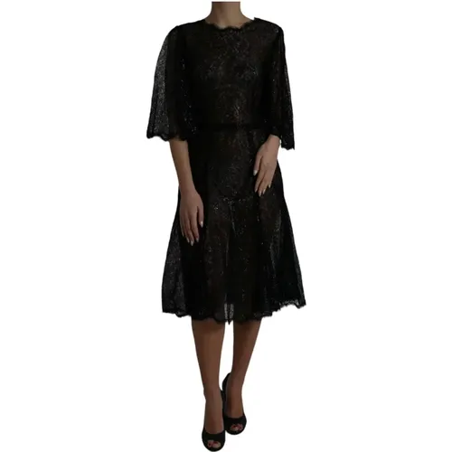 Schwarzes Blumenspitze Sheer A-line Midi Kleid - Dolce & Gabbana - Modalova