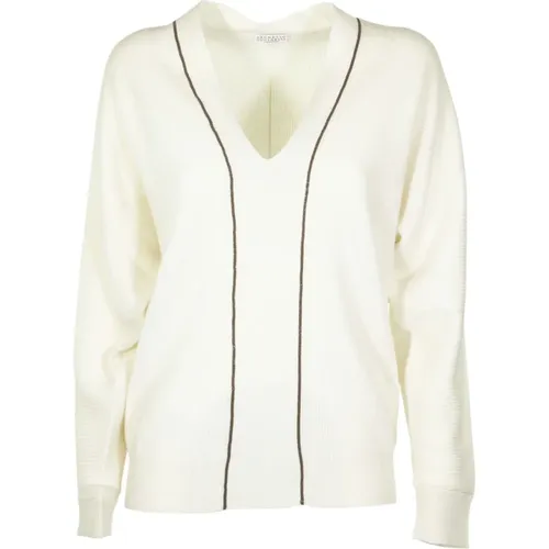 Weiße V-Ausschnitt Cashmere Pullover mit Monili-Stickerei - BRUNELLO CUCINELLI - Modalova