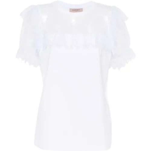 Lace Paneled T-shirt with Floral Details , female, Sizes: XS, M, S - Twinset - Modalova